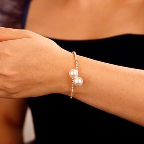 Xerling Pearl Open Cuff Bracelets for Women Minimalist Hand Chain Bracelets Bling Bridal Rhinestones Bracelets for Wedding Elastic Hand Jewelry Stretchable