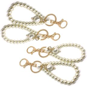 4Pcs Artificial Pearl Keychains Key Ring Handbag Tote Bag Car Pendant Purse Charm Ornaments Faux Pearl Keychain Bracelet for Women, White