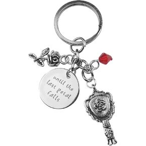 Enchanted Rose Keychain Until the Last Petal Falls Arise Charm Red Bead Party Favor Vintage Key Ring (Silver)