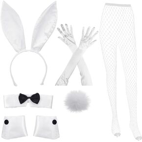Floraltop Bunny Costume Set Including Bunny Ear Headband, Cuffs and Bunny Tail Accessory for Halloween Cosplay Party (White)
