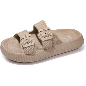 FUNKYMONKEY Plastic Sandals for Women and Men, Adjustable Double Buckle Slides Comfort Flat Pillow Slippers