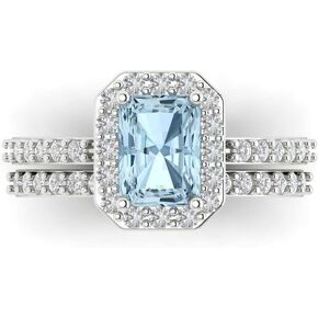Clara Pucci 2.20ct Emerald Cut Halo Solitaire Natural Light Aquamarine Engagement Promise Anniversary Bridal Ring Band set 14k White Gold