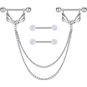 14G 316L Double Chain Connecting Heart CZ Nipple Rings Stainless Steel Skull Angel Piercing Barbell Body Pierced Jewelry for Women