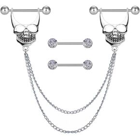 14G 316L Double Chain Connecting Heart CZ Nipple Rings Stainless Steel Skull Angel Piercing Barbell Body Pierced Jewelry for Women