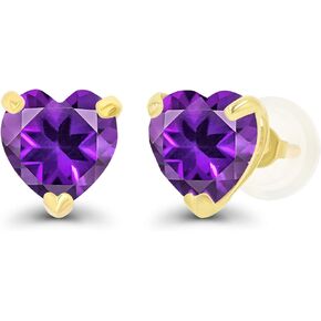 Solid 925 Sterling Silver Gold Plated 6mm Heart Genuine Birthstone Stud Earrings For Women | Natural or Created Hypoallergenic Gemstone Stud Earrings
