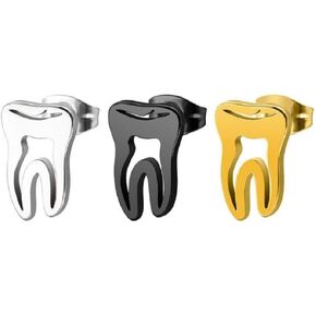 3 Pairs Dentist Tooth Shaped Stud Earrings, Minimalist Korean Fashion Earrings Punk Stainless Steel Gold Silver Black Ear Studs for Women Doctor Nurse Accessories