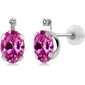 Gem Stone King 14K White Gold Pink Created Sapphire and White Diamond Earrings For Women (2.01 Cttw, Gemstone September Birthstone, Oval 7X5MM)