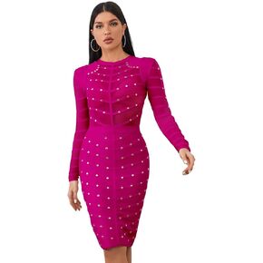 HQBORY Mesh Beaded Long Sleeve Bandage Dress Knee Length Bandage Dress Cocktail Party Dress