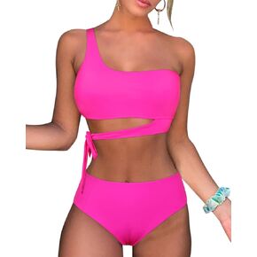 Hilor Women's One Shoulder Swimsuits High Waisted Bikini Swimwear Tie High Cut Two Piece Bathing Suits