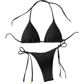 OYOANGLE Women's 2 Piece Bikini Set Textured Triangle Halter Swimsuit Bathing Suit Beachwear