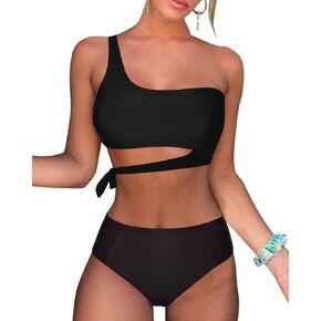 Hilor Women's One Shoulder Swimsuits High Waisted Bikini Swimwear Tie High Cut Two Piece Bathing Suits