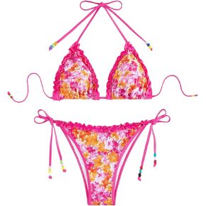 SweatyRocks Women's 2 Piece Swimsuit Floral Print Halter Triangle Frill Trim Bikini Set