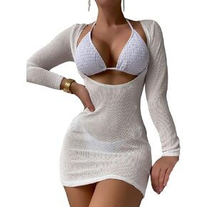 GORGLITTER Women's 3 Piece Swimsuit Triangle Halter Tops High Cut Thong Bikini Set with Cover Up Dress