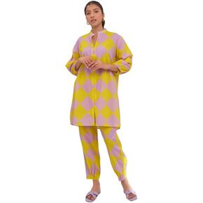 مجموعة كورتا ذا لوم مع بنطال للنساء/البنات بياقة دائرية وأكمام بالون مطبوعة هندية عرقية توب كورتي أصفر in Kuwait