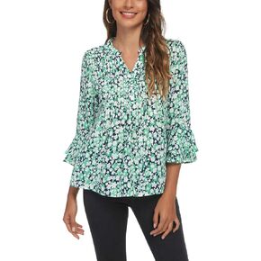 olrain Womens Summer Floral Printed V-Neck Swing Tunic 3/4 Bat Wing Short Sleeve Chiffon Tops Blouse Shirts