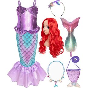 Funna Little Mermaid Costume for Girls Princess Dress Up with Accessories Wig