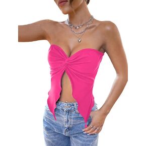 WDIRARA Women's Twist Front Cut Out Sleeveless Strapless Asymmetrical Hem Sexy Tube Top
