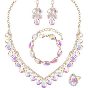 4 Pcs Elegant V-Shaped Bridal Choker Necklace Earrings Bracelet Ring Set Austrian Crystal Jewelry Set for Brides Bridesmaids Bridal Wedding Prom Costume Accessory Women
