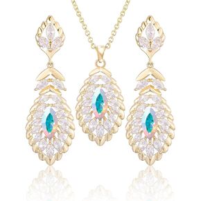 Oval Crystal Pendant Dangle Necklaces and Earrings Jewelry Sets for Women Glod Plated