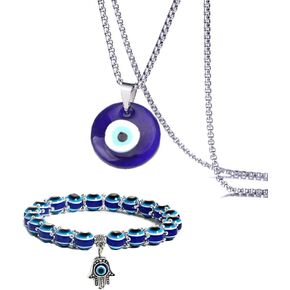 RUIZHEN 2/3/4 Pcs Blue Beads Evil Eyes Bracelet Hamsa Hand of Fatima Bracelet Glass Charm Evil Eye Leather Cord Necklace Protection Jewelry Set