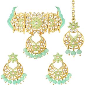 Ethnic Kundan Choker Necklace Indian Traditional Bollywood Fashion Jewelry Set with Earrings for Women Girls (Mint)