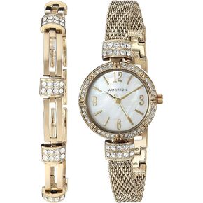 Armitron Women's 75/5548MPGPST Genuine Crystal Accented Gold-Tone Mesh Watch and Bracelet Set