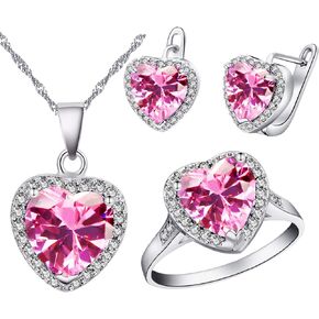 Uloveido Big Heart Shape Crystal Drop Pendant Necklace, Earrings and Rings Wedding Jewelry Set for Bridal Women Birthday Anniversary T481