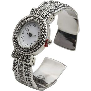 Metal Ladies Western Bangle/Cuff Watch with Simple Rhinestones on Band (Silver)