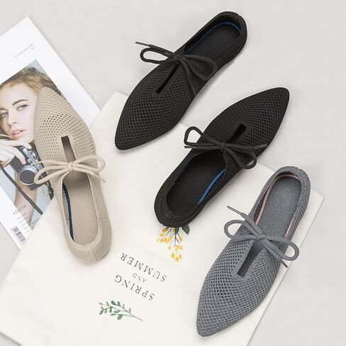 أحذية نسائية مسطحة محبوكة مريحة من الإسفنج الذكي بمقدمة مدببة سهلة الارتداء مع رباط الحذاء in Kuwait