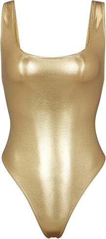 Metallic Shiny Bathing Suits One Piece Bodysuit - Rave Outfits for Women Retro High Cut Silver Gold Swimsuit in Kuwait