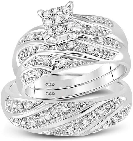 مجموعة FB JEWELS 10K من الذهب الأبيض والألماس للنساء والرجال مجموعة ثلاثية متطابقة لحفلات الزفاف وخطوبة الزفاف مجموعة خواتم له ولها 1/4 Cttw in Saudi Arabia