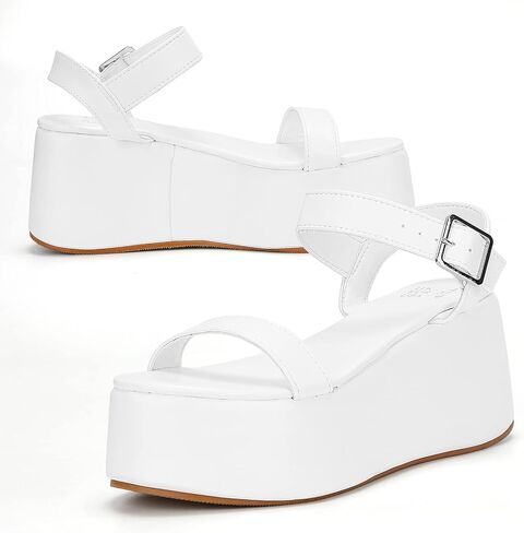 صندل نسائي ذو نعل سميك من Meiiei، صندل بكعب عريض مع حزام كاحل قابل للتعديل in Kuwait