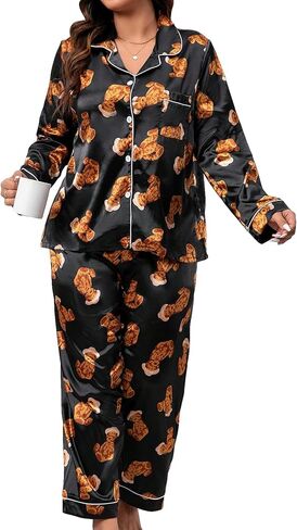 WDIRARA Women's Plus Size 2 Piece Satin Sleepwear Cartoon Bear Pajama Set Long Sleeve Shirt and Pants Sets in Saudi Arabia