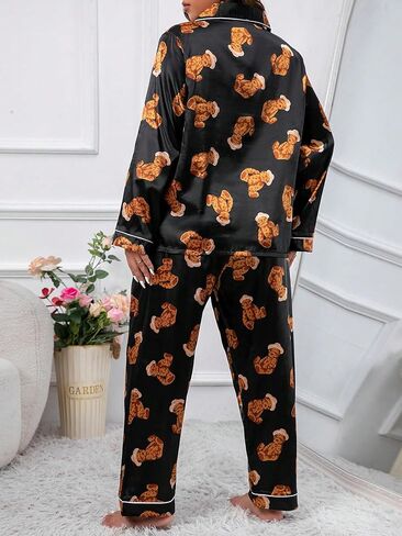 WDIRARA Women's Plus Size 2 Piece Satin Sleepwear Cartoon Bear Pajama Set Long Sleeve Shirt and Pants Sets in Saudi Arabia