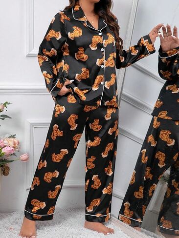 WDIRARA Women's Plus Size 2 Piece Satin Sleepwear Cartoon Bear Pajama Set Long Sleeve Shirt and Pants Sets in Saudi Arabia