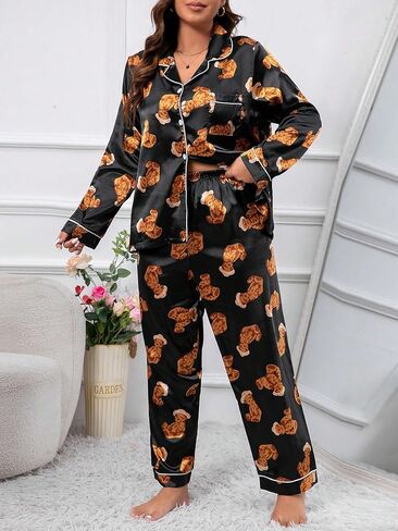 WDIRARA Women's Plus Size 2 Piece Satin Sleepwear Cartoon Bear Pajama Set Long Sleeve Shirt and Pants Sets in Saudi Arabia