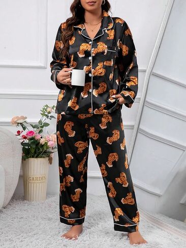 WDIRARA Women's Plus Size 2 Piece Satin Sleepwear Cartoon Bear Pajama Set Long Sleeve Shirt and Pants Sets in Saudi Arabia
