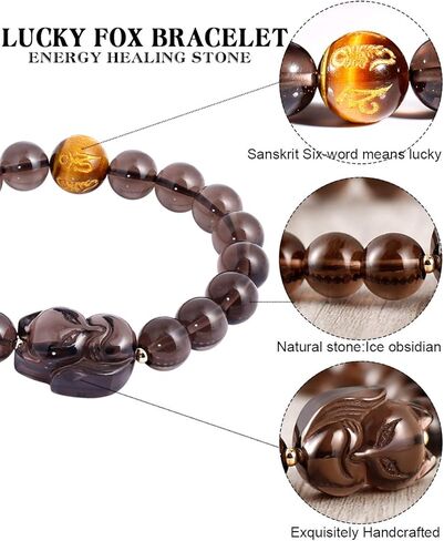 Lightock Fox Ice Obsidian Bracelet Engraved In Sanskrit Six-word Lucky Bracelet for Women 10mm Beads in Kuwait