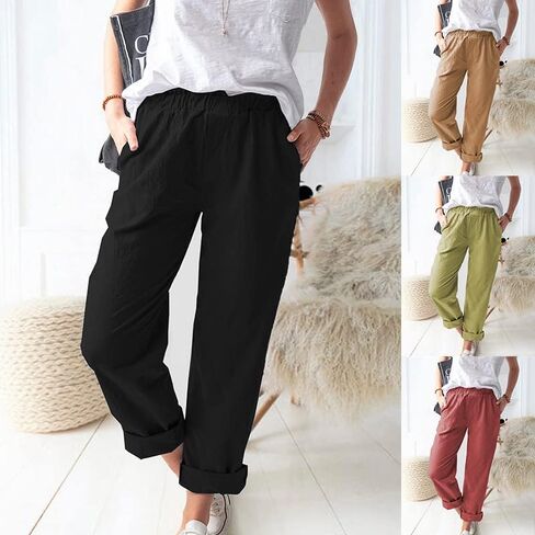 بنطال Viatabuna من الكتان بخصر مطاطي للنساء، بنطال مستقيم فضفاض بلون سادة مع جيوب للعمل على الشاطئ in Kuwait