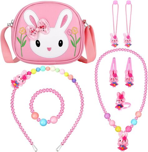Huhumy 7 Pcs Little Girl Handbag Jewelry Set Bunny Purse with Necklace Bracelet Ring Hair Clip Hair Ties Gift (Pink,Rabbit) in Saudi Arabia