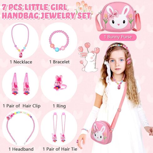 Huhumy 7 Pcs Little Girl Handbag Jewelry Set Bunny Purse with Necklace Bracelet Ring Hair Clip Hair Ties Gift (Pink,Rabbit) in Saudi Arabia