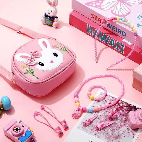Huhumy 7 Pcs Little Girl Handbag Jewelry Set Bunny Purse with Necklace Bracelet Ring Hair Clip Hair Ties Gift (Pink,Rabbit) in Saudi Arabia