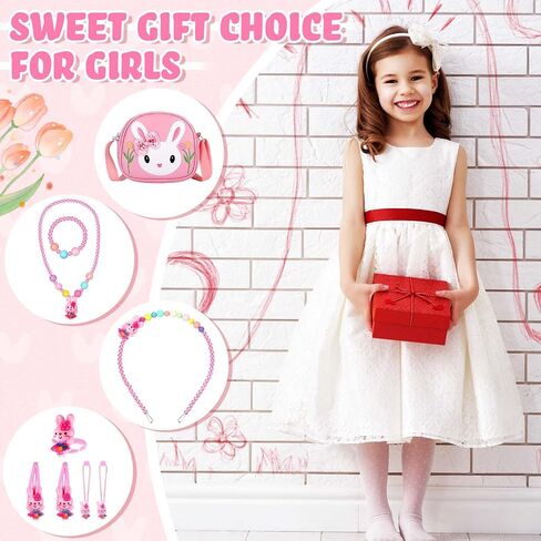 Huhumy 7 Pcs Little Girl Handbag Jewelry Set Bunny Purse with Necklace Bracelet Ring Hair Clip Hair Ties Gift (Pink,Rabbit) in Saudi Arabia