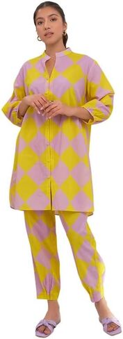 مجموعة كورتا ذا لوم مع بنطال للنساء/البنات بياقة دائرية وأكمام بالون مطبوعة هندية عرقية توب كورتي أصفر in Kuwait