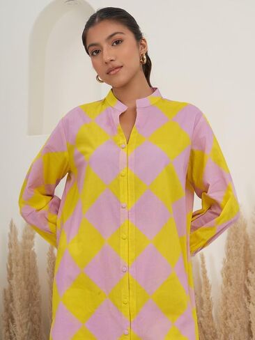 مجموعة كورتا ذا لوم مع بنطال للنساء/البنات بياقة دائرية وأكمام بالون مطبوعة هندية عرقية توب كورتي أصفر in Kuwait