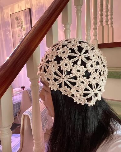 قبعة صغيرة متماسكة مصنوعة يدويًا من ALLDECOR للنساء من القطن الكروشيه على شكل جمجمة مجوفة in Saudi Arabia