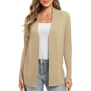 EXCHIC Women's Casual Long Sleeve Knitted Cardigan Lightweight Comfortable Open Front Long Sweaters with Pockets