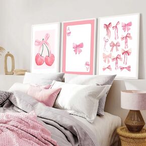 3Pcs Trendy Pink Bows Canvas Wall Art Preppy Watercolor Bows Wall Decor Pictures Girly Coquette Room Decor Aesthetic Posters Prints for College Apartment Bedroom Decoration