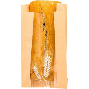Restaurantware Bag Tek 4.8 Inch x 2.8 x 8.5 Inch Bread Paper Bags 100 Greaseproof Baguette Paper Bags - Micro Perforated Clear Window Brown Paper Bakery Bread Bags Recyclable Freezer Safe