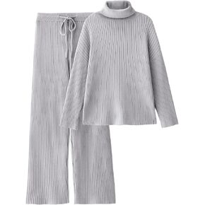 LILLUSORY Women's 2 Piece Outfits Turtleneck Sweaters Lounge Set and Wide Leg Pants Cozy Knit Sweatsuit Sets